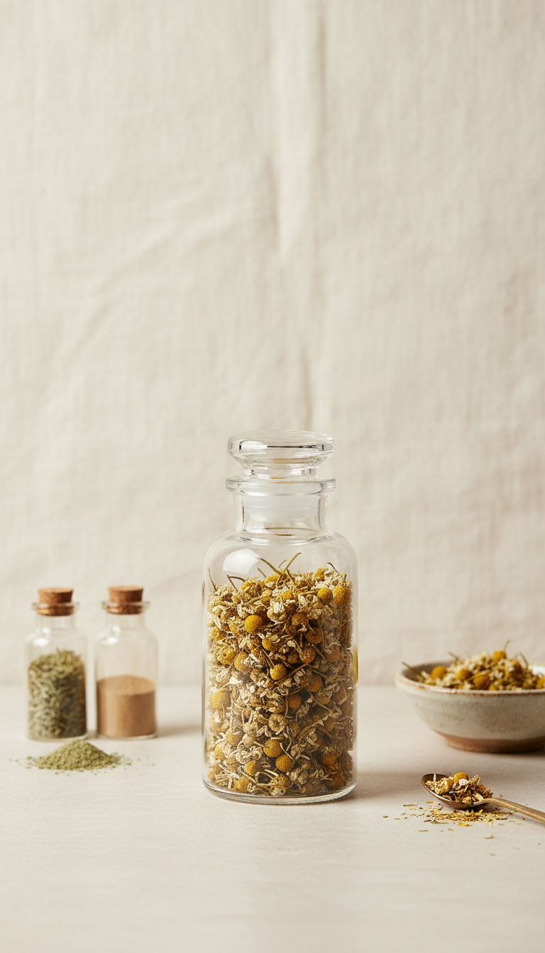 Engraved Glass Apothecary Jar Of Dried Chamomile